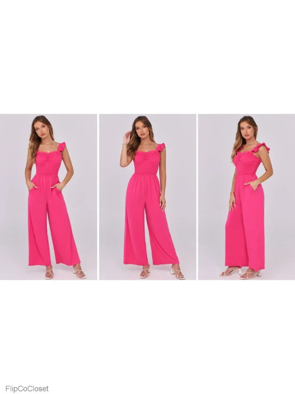 Sleeveless Smocked Wide Leg Jumpsuit with Pockets Summer Romper
